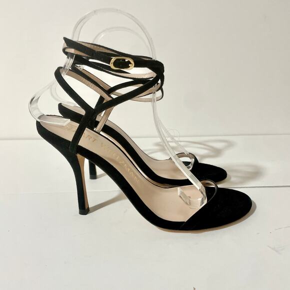 Stuart Weitzman Sandals Suede Merinda Black Heels Pumps Wrap Up Barely Nudist 7 - Picture 1 of 13